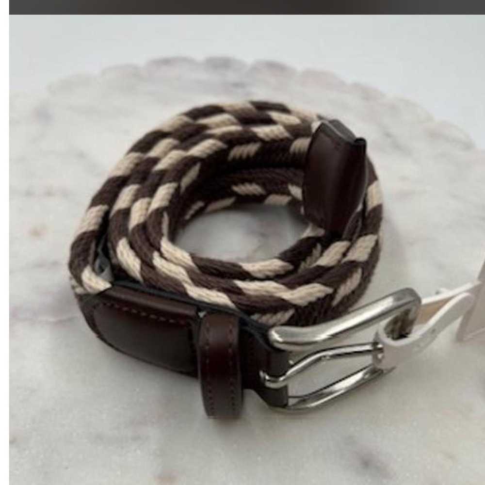 Goodfellow & Co Mens Braided Fabric Belt Brown Cream Woven Stretch M 32-34 NEW